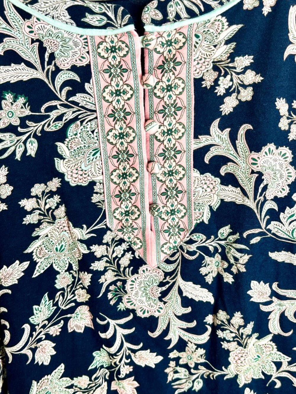 J. Jill Piped Paisley Floral Tunic Navy Pink Lightweight Modal Blend Preppy Sz L - Picture 4 of 6